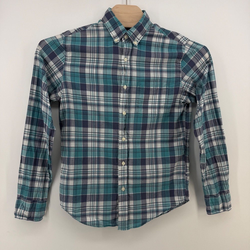 J.Crew Mens Small Teal Navy Plaid Cotton Button Down Shirt